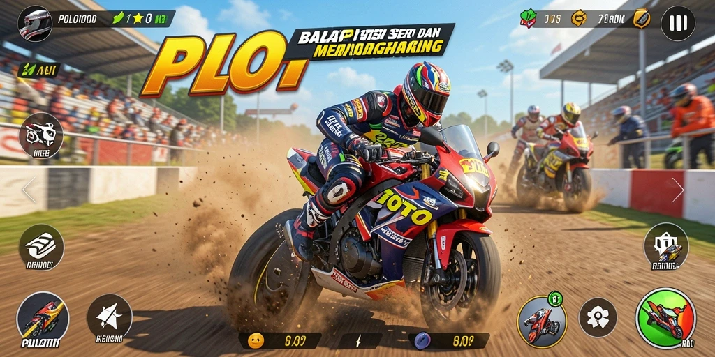 Screenshot gameplay POLOTOTO dengan balapan motor yang seru dan mendebarkan.